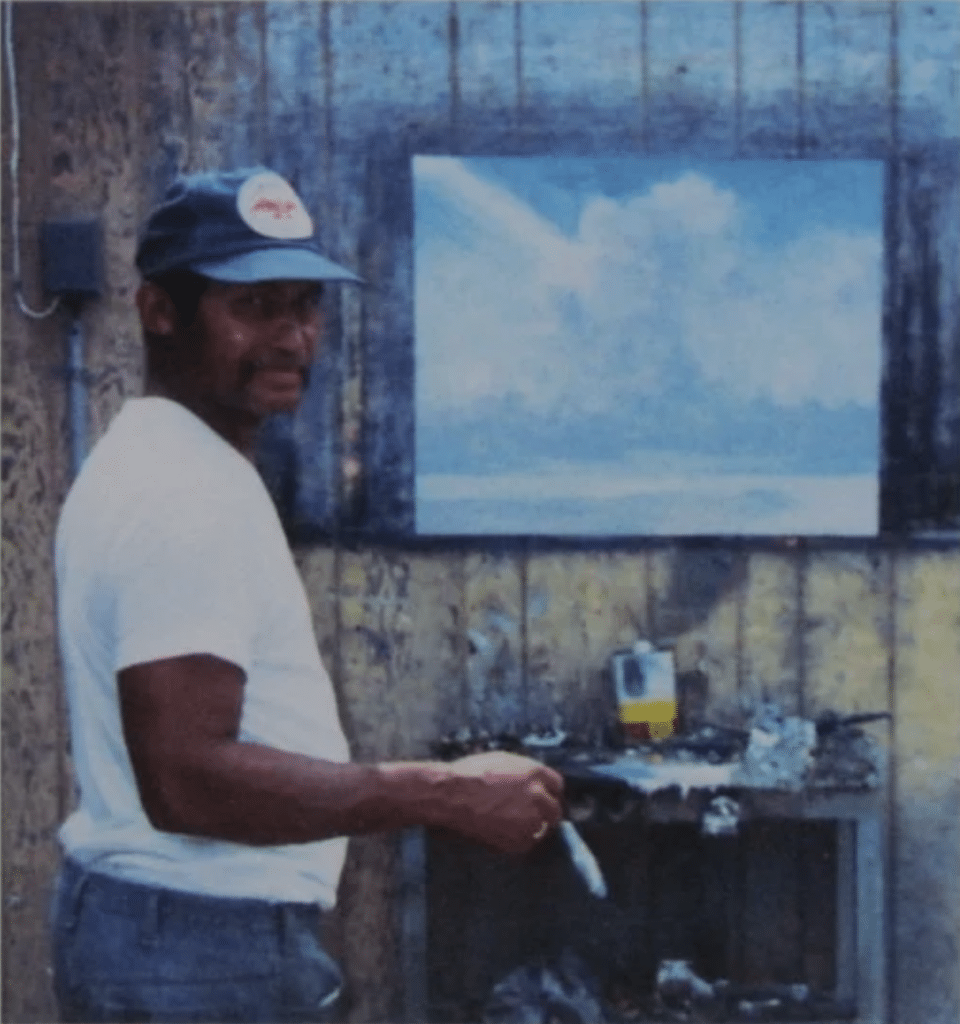 Harold Newton painting in his backyard